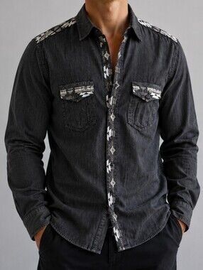 Men's Black Denim Western Shirt with Patterned Trim